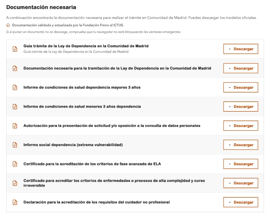 Documentación oficial descargable para el trámite de dependencia