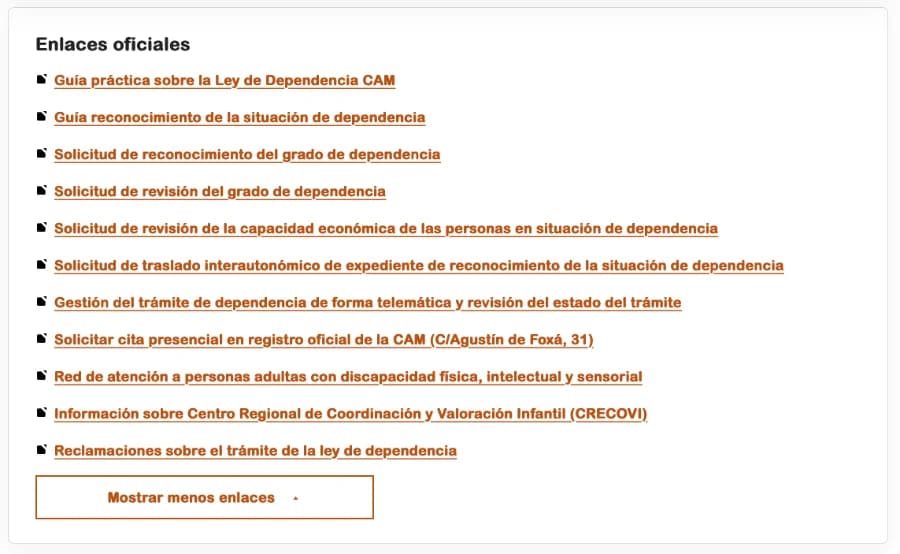 Listado de enlaces oficiales sobre la Ley de Dependencia en Madrid