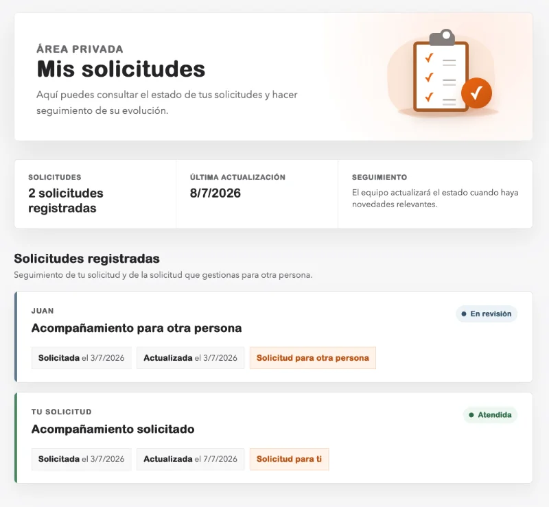 Área privada de GUIAR para solicitar y consultar acompañamiento