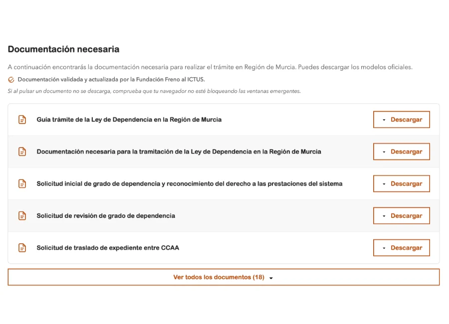 Documentación oficial descargable para el trámite de dependencia