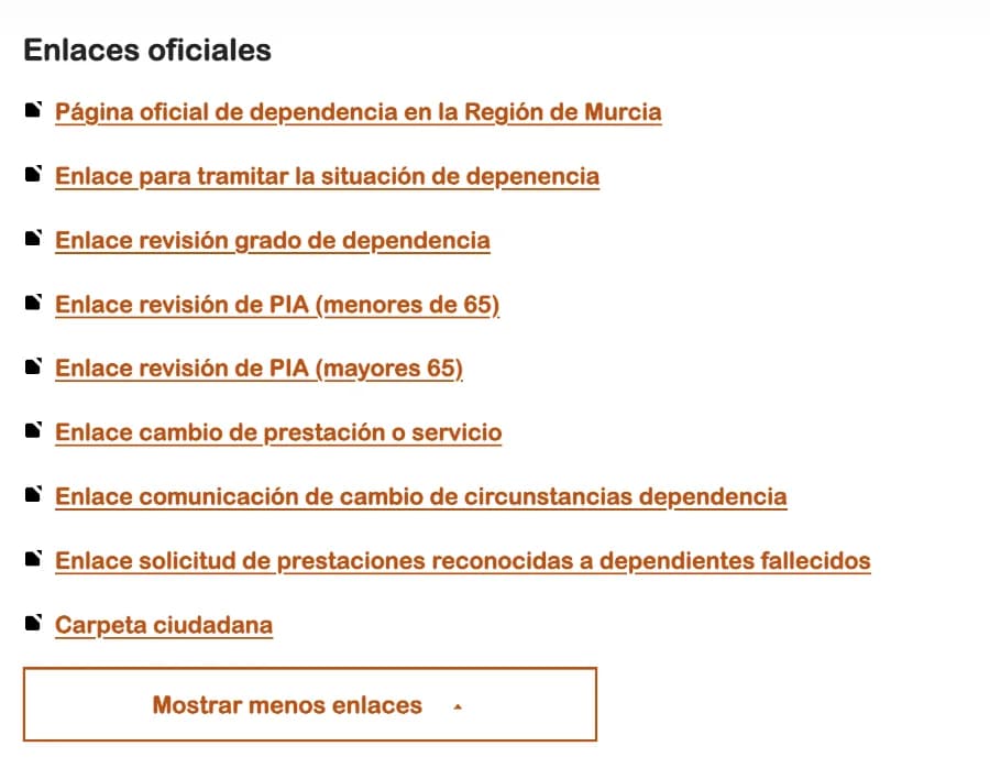 Listado de enlaces oficiales sobre la Ley de Dependencia en Murcia
