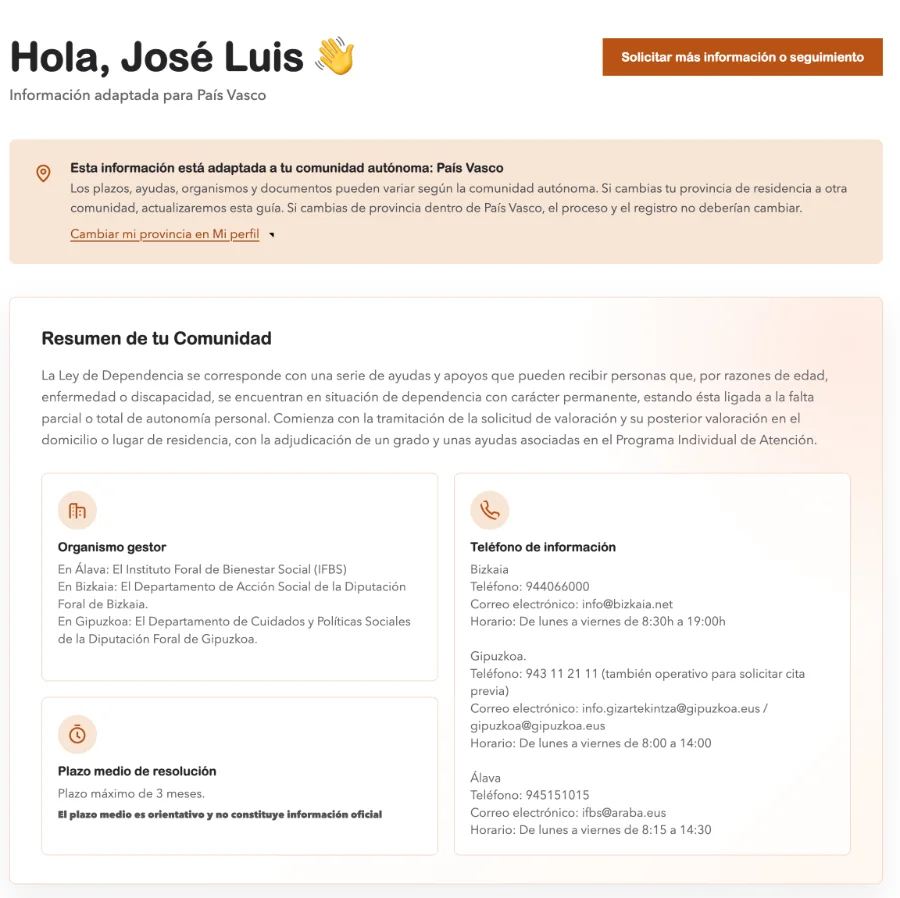 Vista del área privada de GUIAR con la información de Euskadi