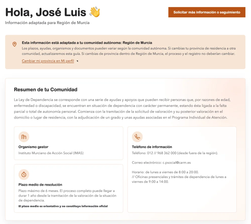 Vista del área privada de GUIAR con la información de la Región de Murcia